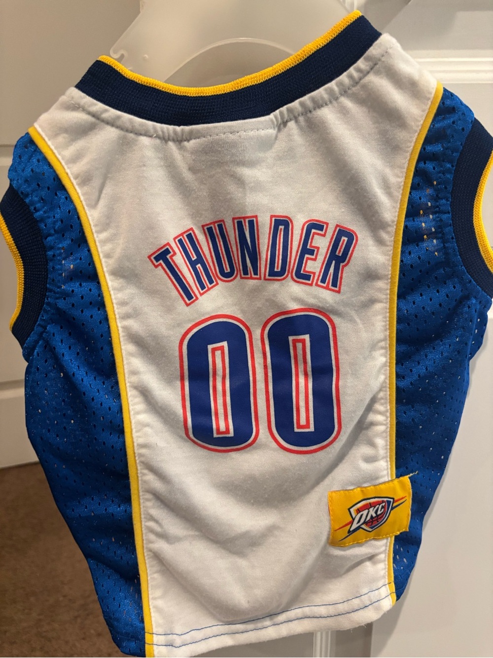 NBA Blue White and Yellow Thunder Dog Jersey